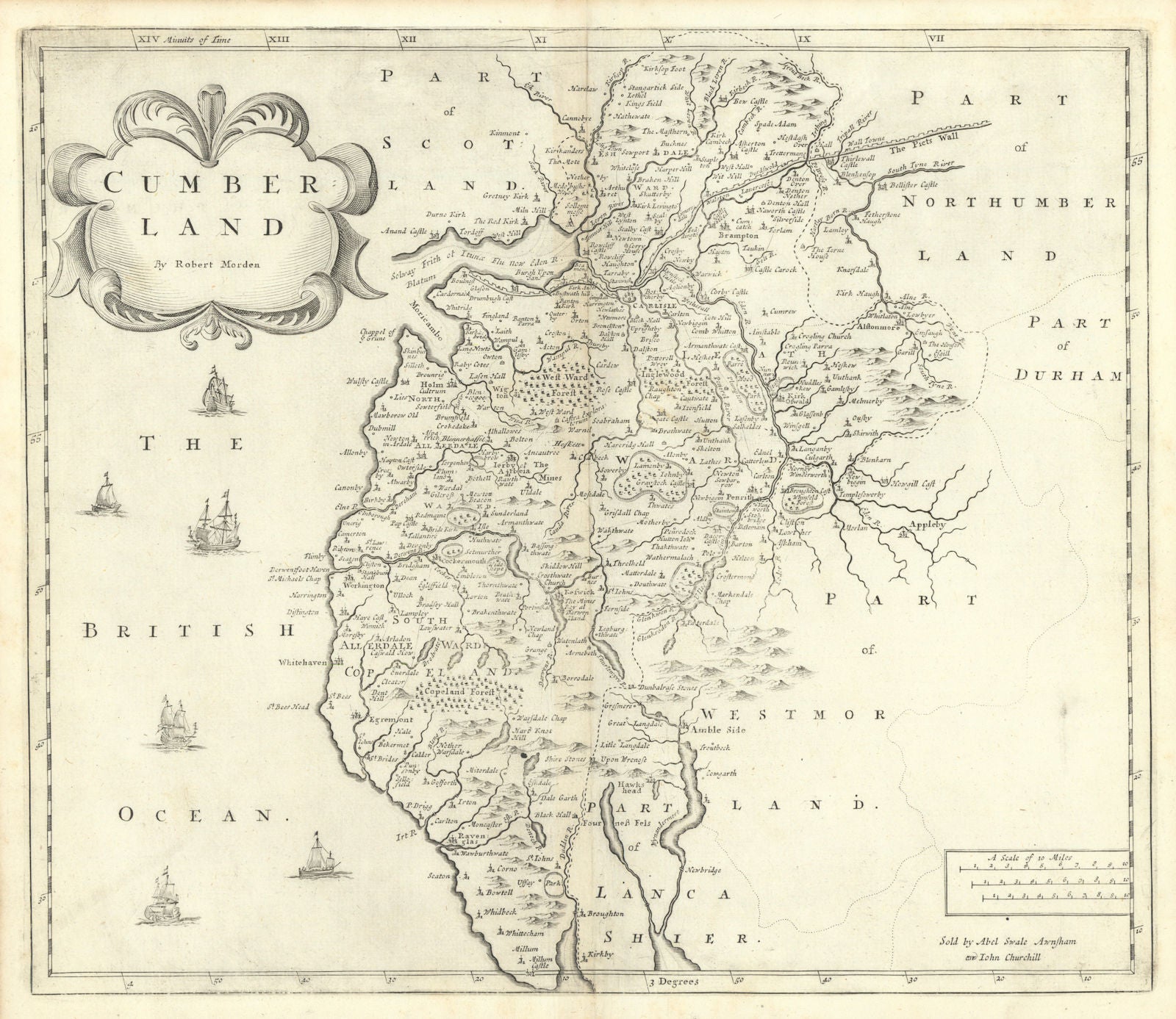 Cumbria. 'CUMBERLAND' by ROBERT MORDEN from Camden's Britannia 1722 old map